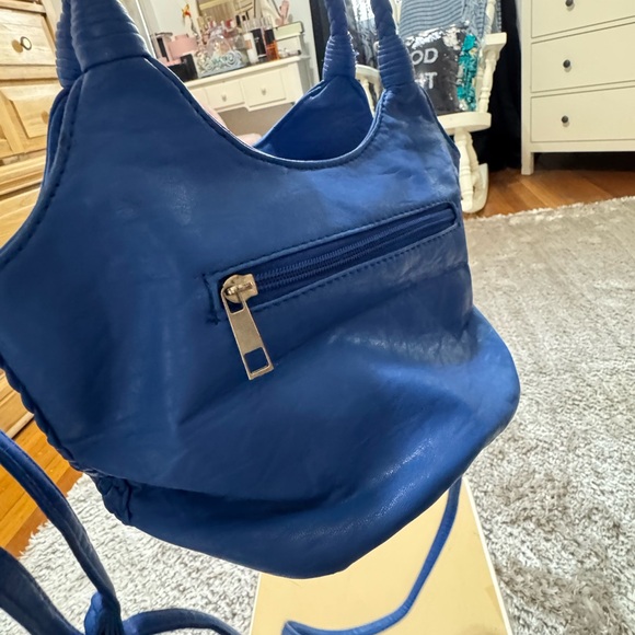 Italian Leather Royal Blue Crescent Shoulder Bag with Floral Design. - Picture 4 of 9